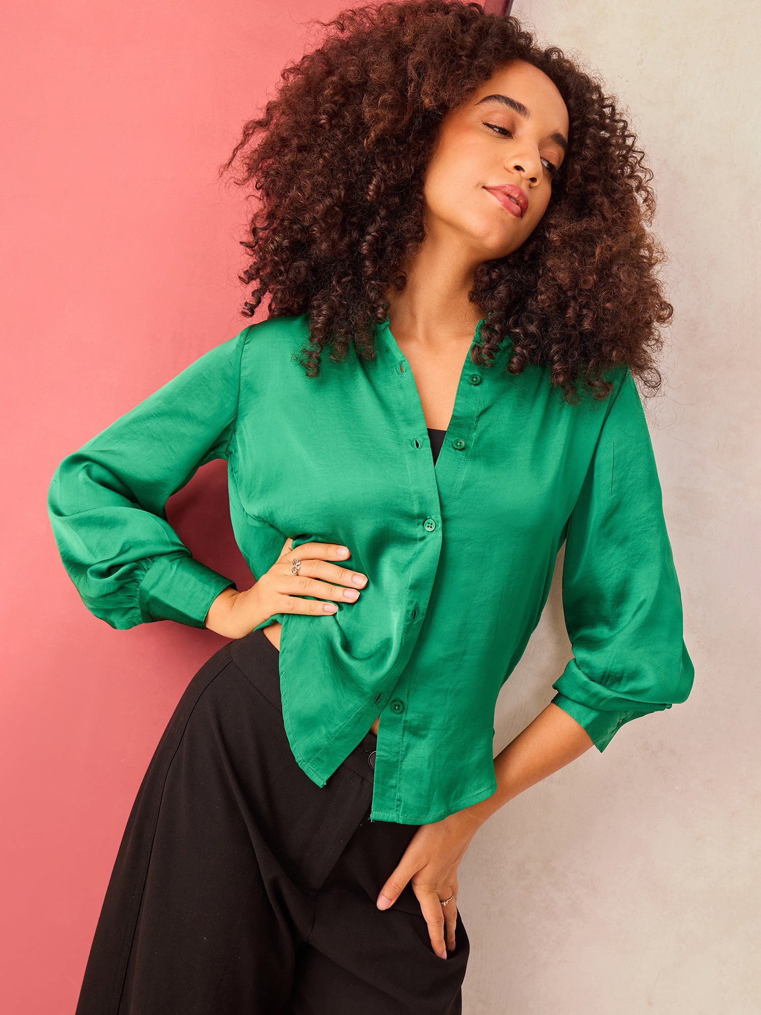Green Relaxed Fit Satin Shirt