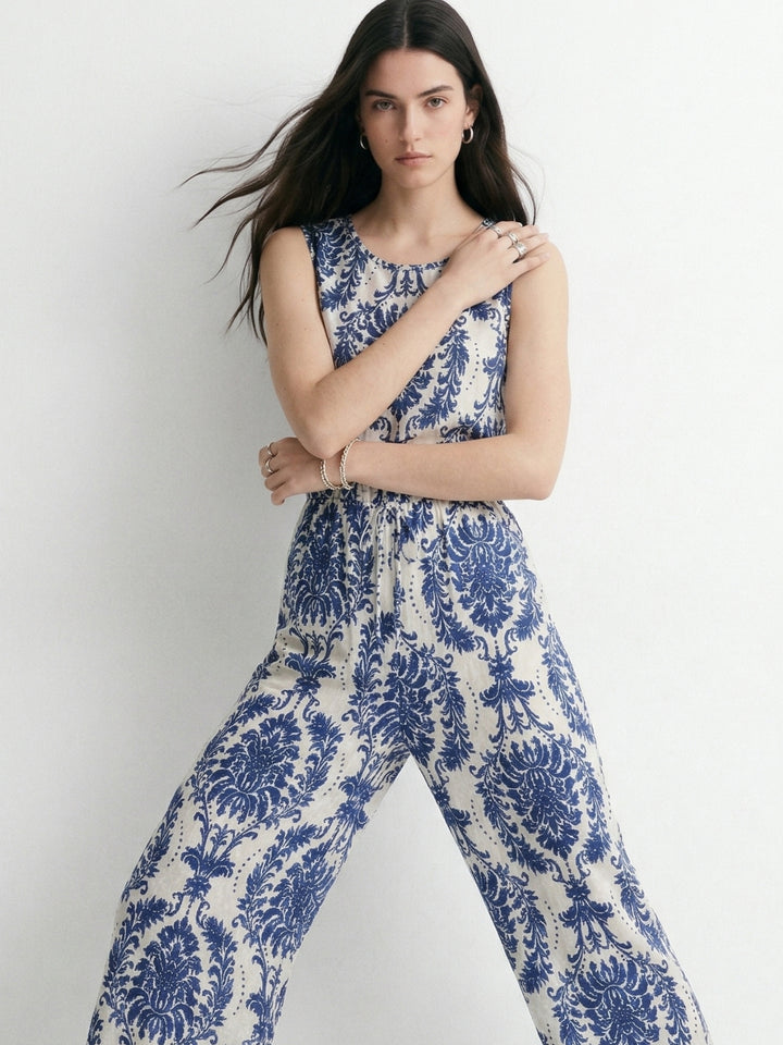 Blue Sleeveless Printed Jumpsuits