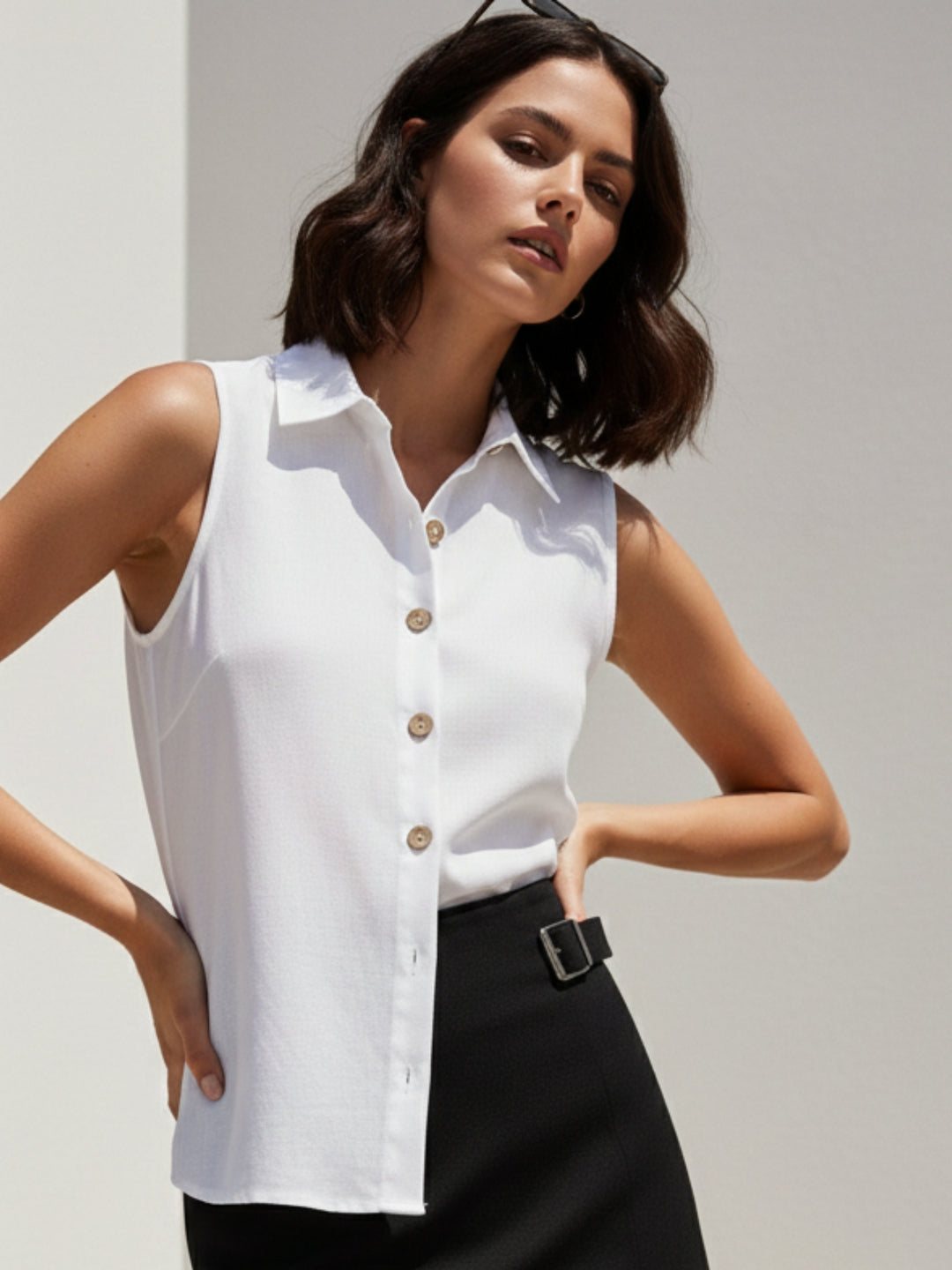 White Cropped Sleeveless Shirt