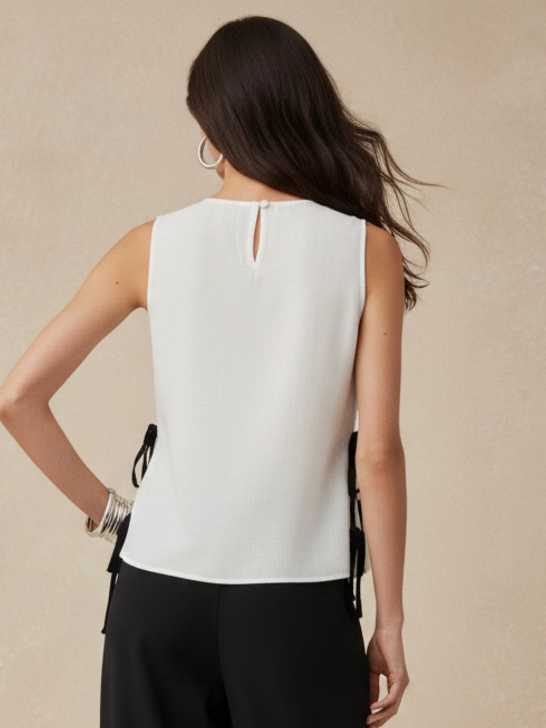 Off White Printed Floral Bouse With Tie  Up Bow Detail