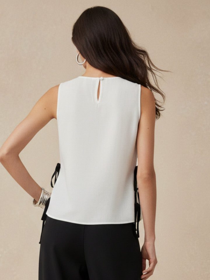 Off White Printed Floral Bouse With Tie  Up Bow Detail