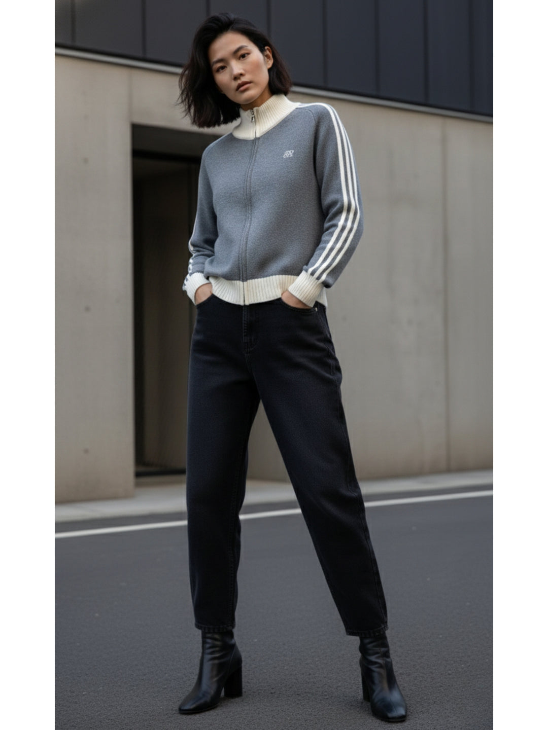 Grey Full Contrast Sleeves Front Zip Jackets