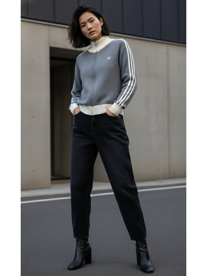 Grey Full Contrast Sleeves Front Zip Jackets