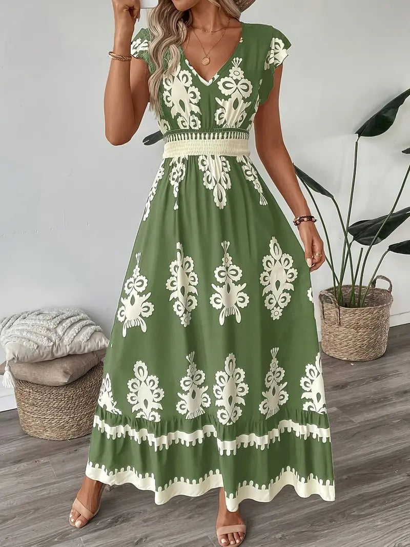 Green Short Sleeve V Neck Printed Flared Dress