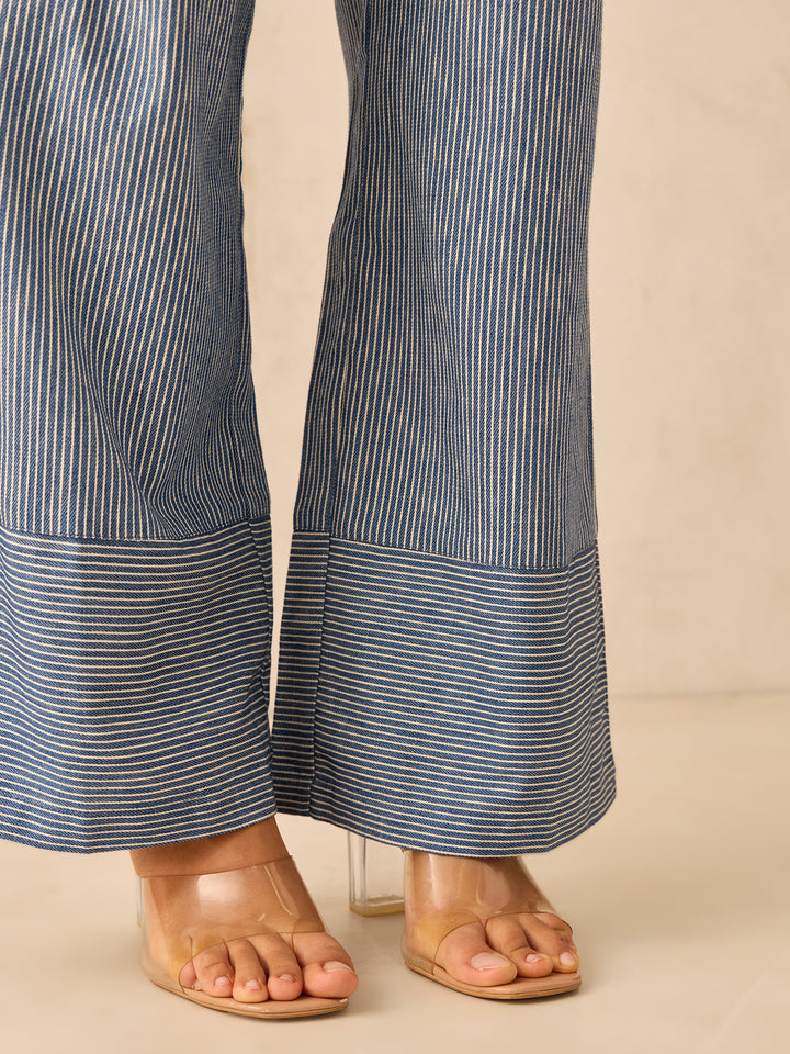 Blue Wide Leg Stripes Trousers