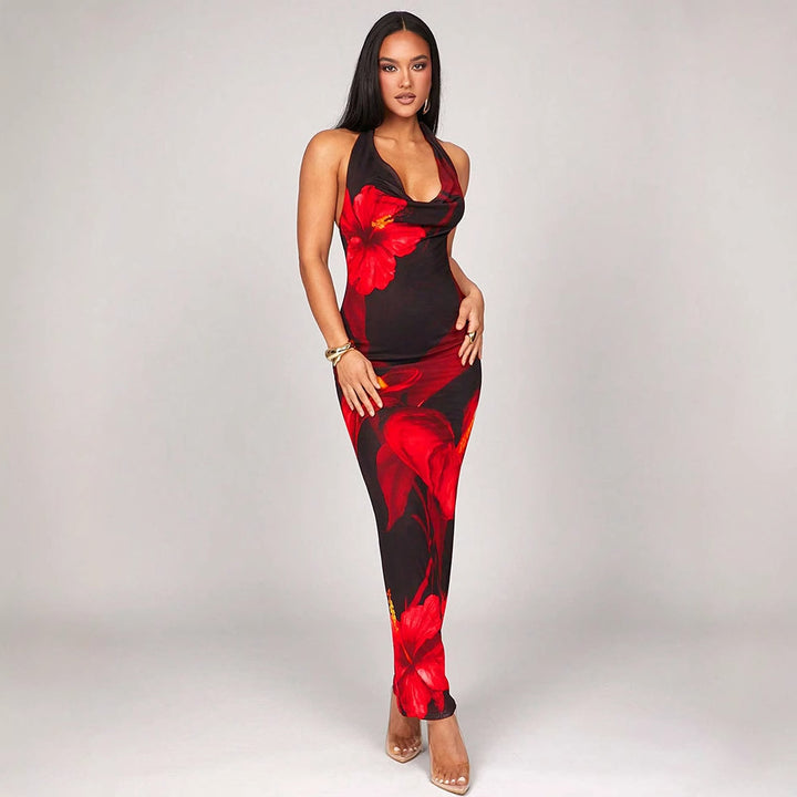 Red Halter Neck With Cowl Printed Dress