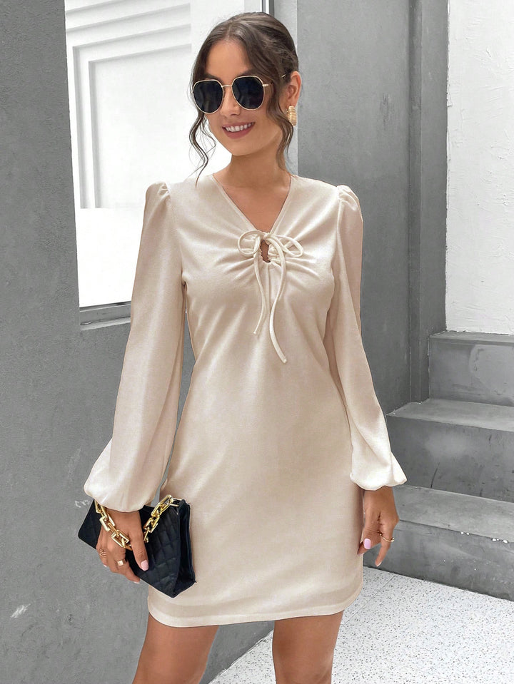 Cream Key Hole Tie Up Front Neck Dress