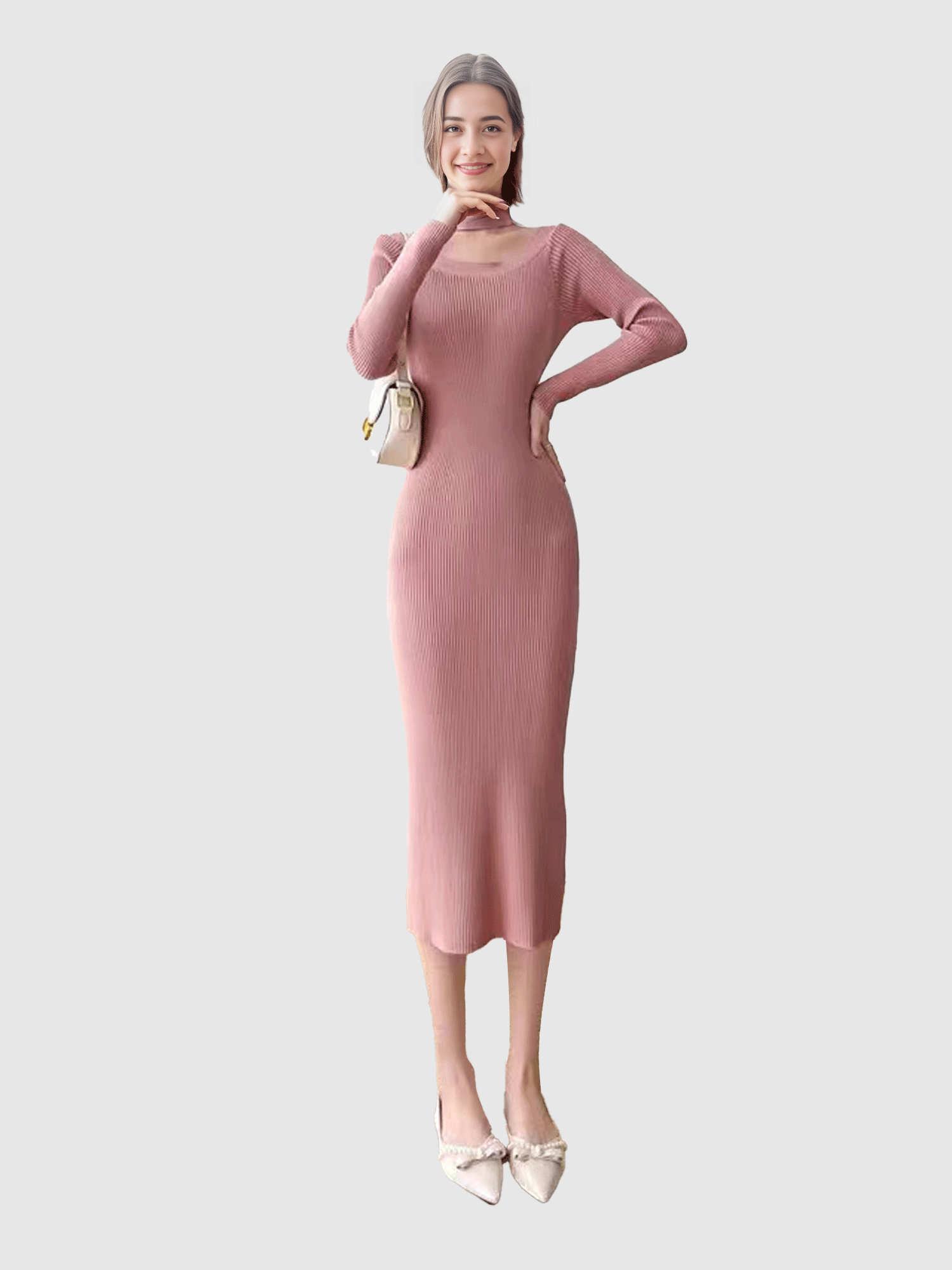 Pink Full Sleeve Bodycon Midi Dress