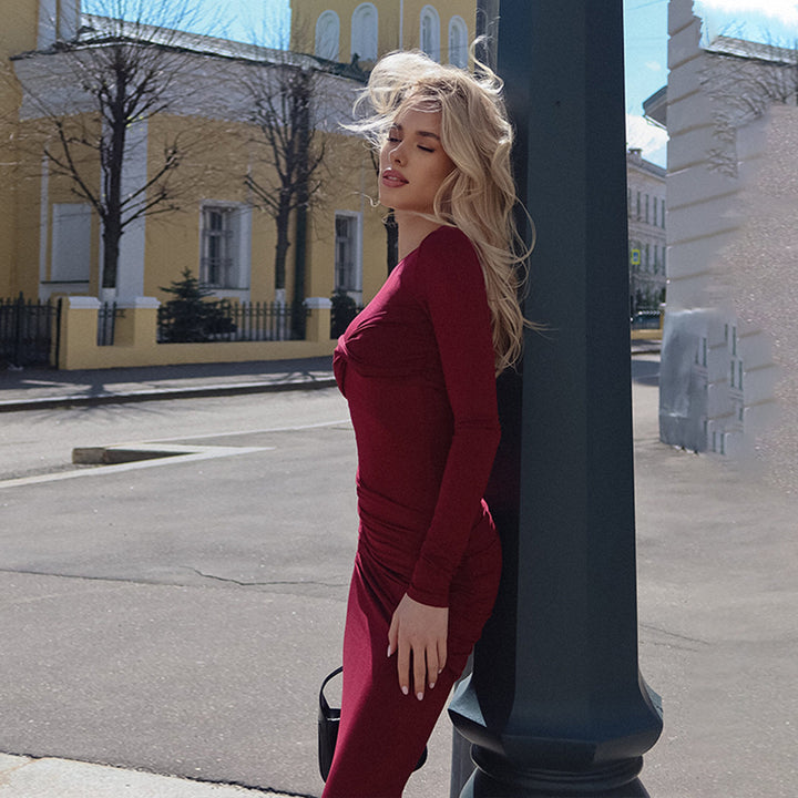 Wine High Neck Full Sleeve Dress