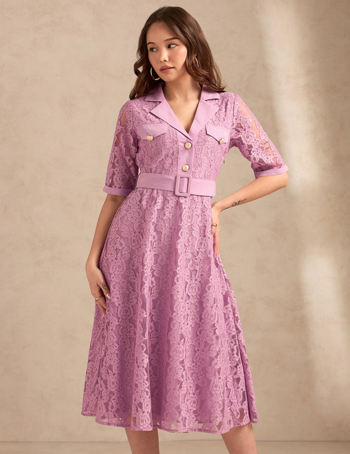 Lilac Lace Shirt Dress With Belt Detail
