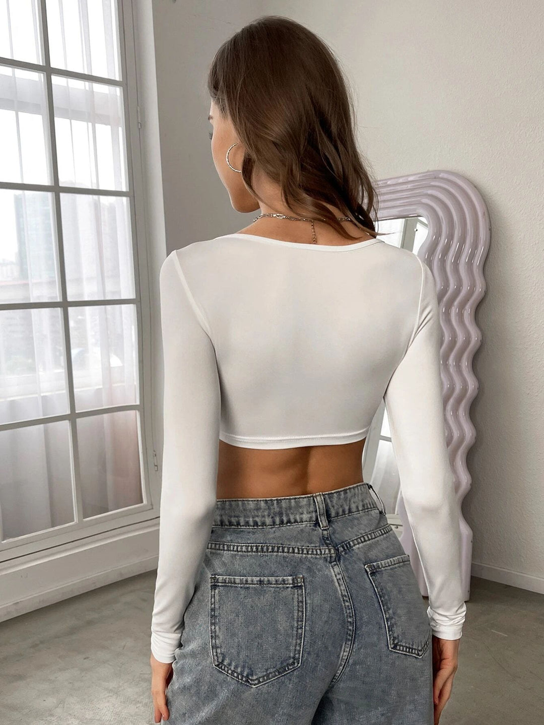 Off White Full Sleeve Round Scoop Neck Crop Top