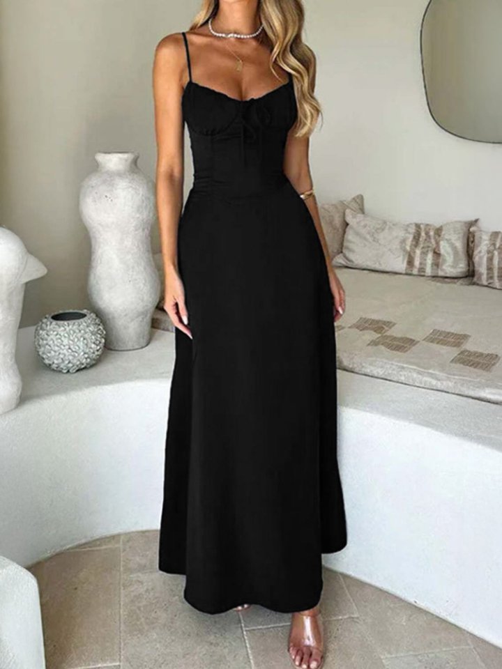 Black Cinched Waist Solid Fit & Flare Maxi
