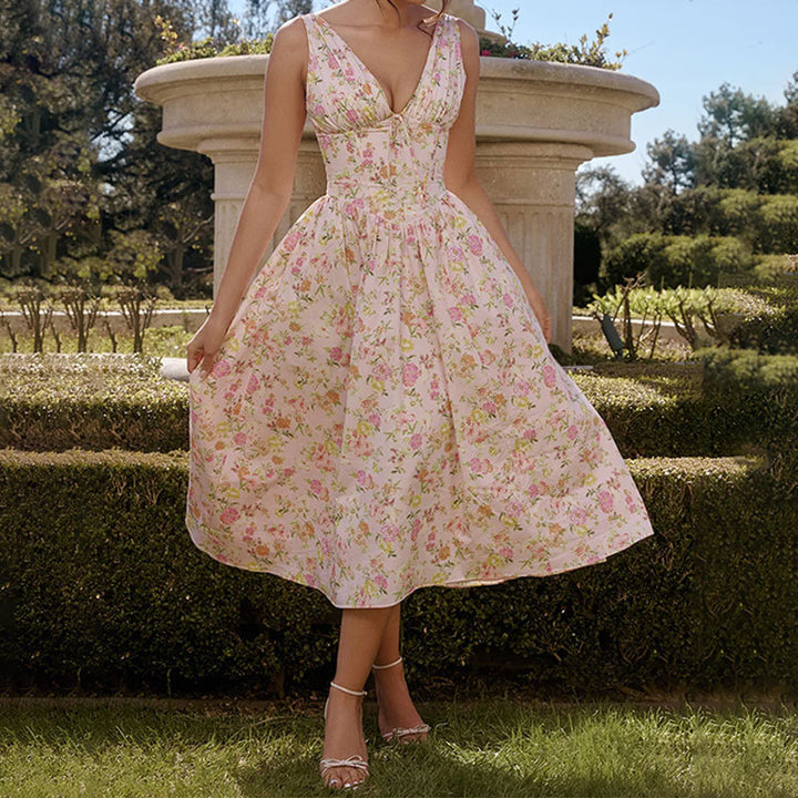 Pink V Neck Corset Flared Dress