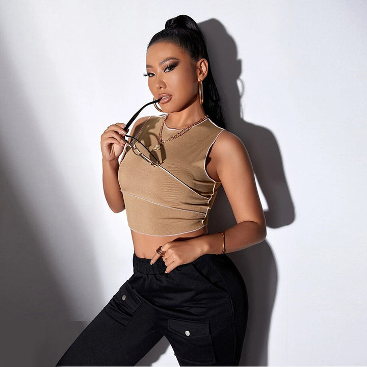 Khaki Sleeveless Contrast Seam Top
