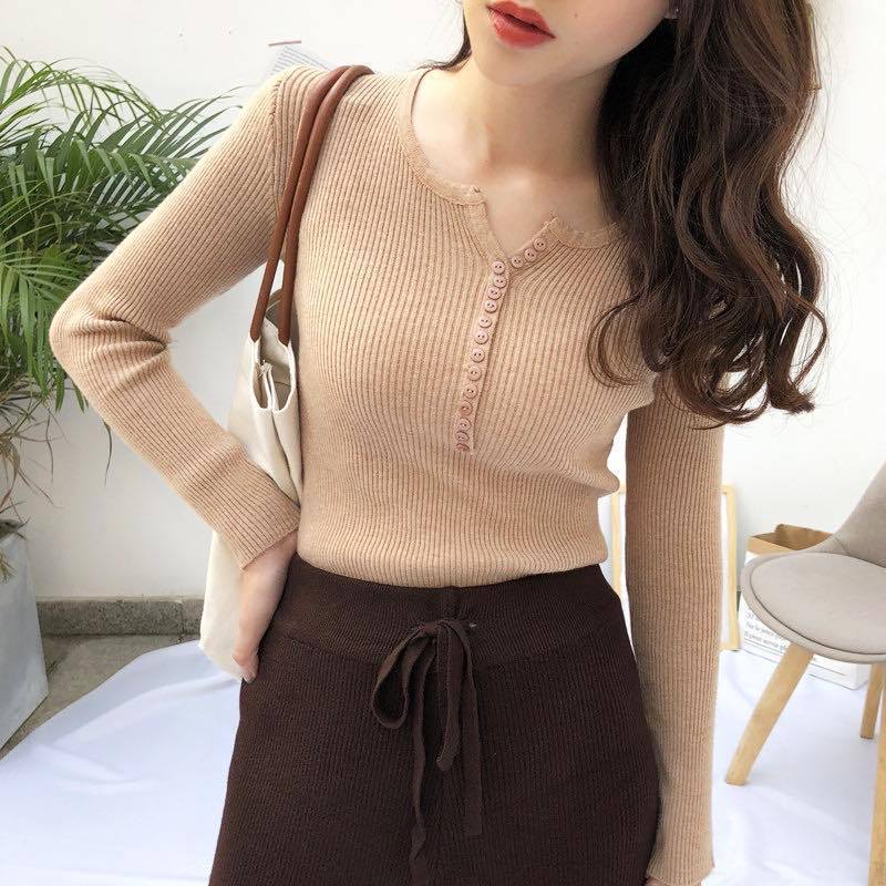 Beige Plunge Top with Button Detailing