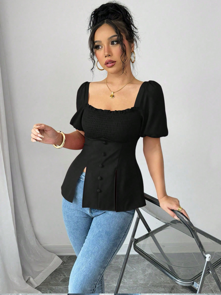 Black Puff Sleeve Square Neck Slit Top