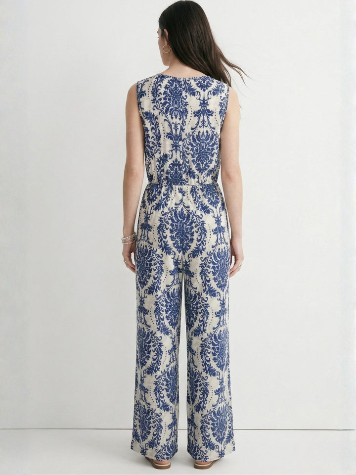 Blue Sleeveless Printed Jumpsuits