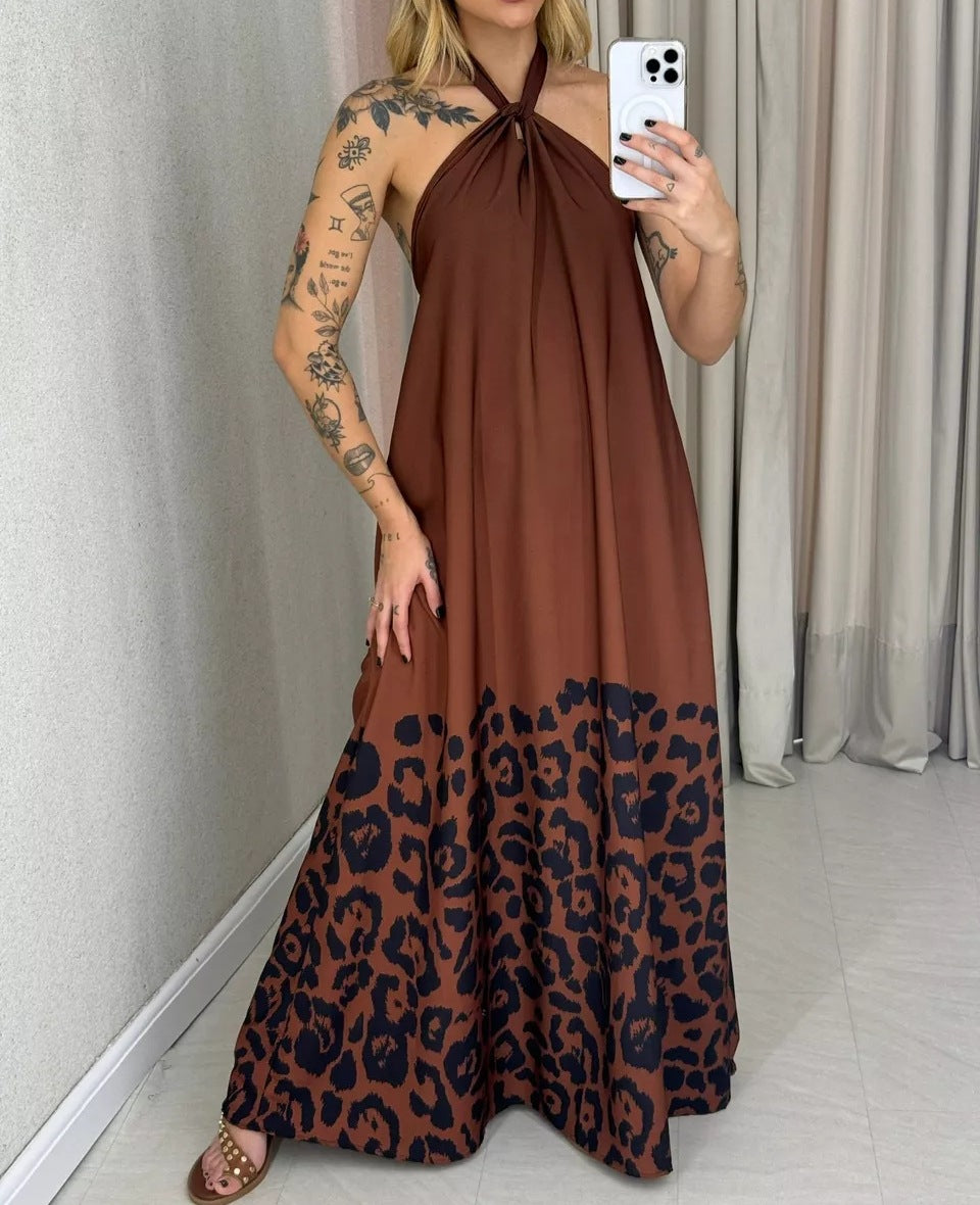 Brown Printed Cross Halter Neck Dress
