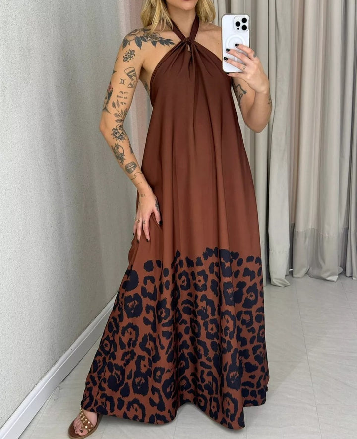 Brown Printed Cross Halter Neck Dress