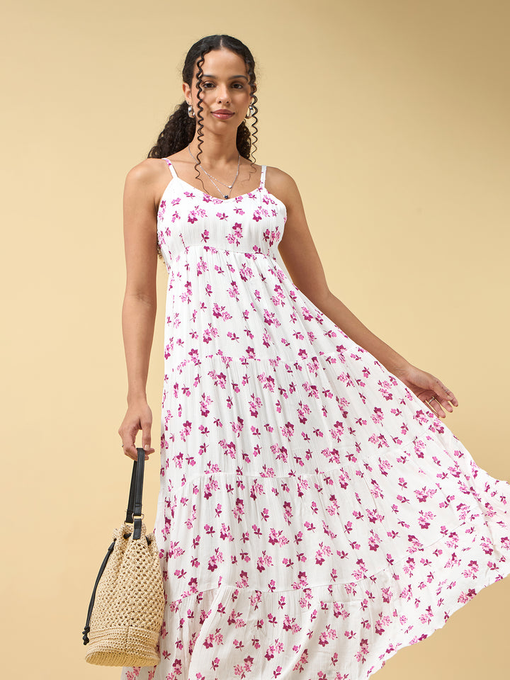 Pink A-Line Tiered Dress With Tie Up Detail At The Back