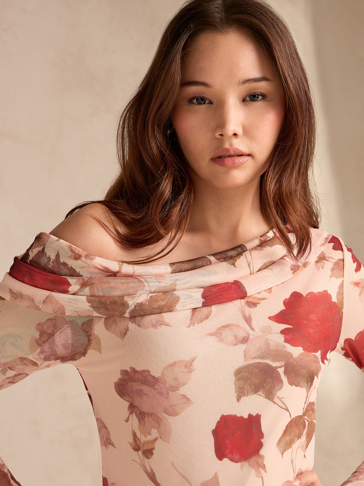 Beige Off-Shoulder Floral Mesh Top