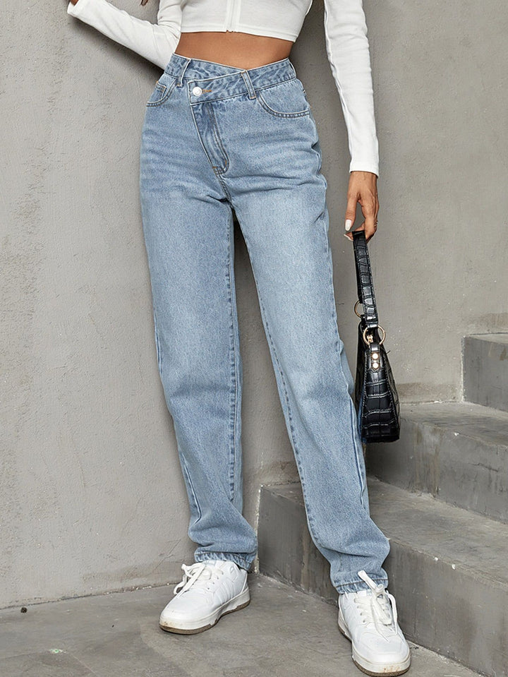 Blue Criss Cross Waistband Denim
