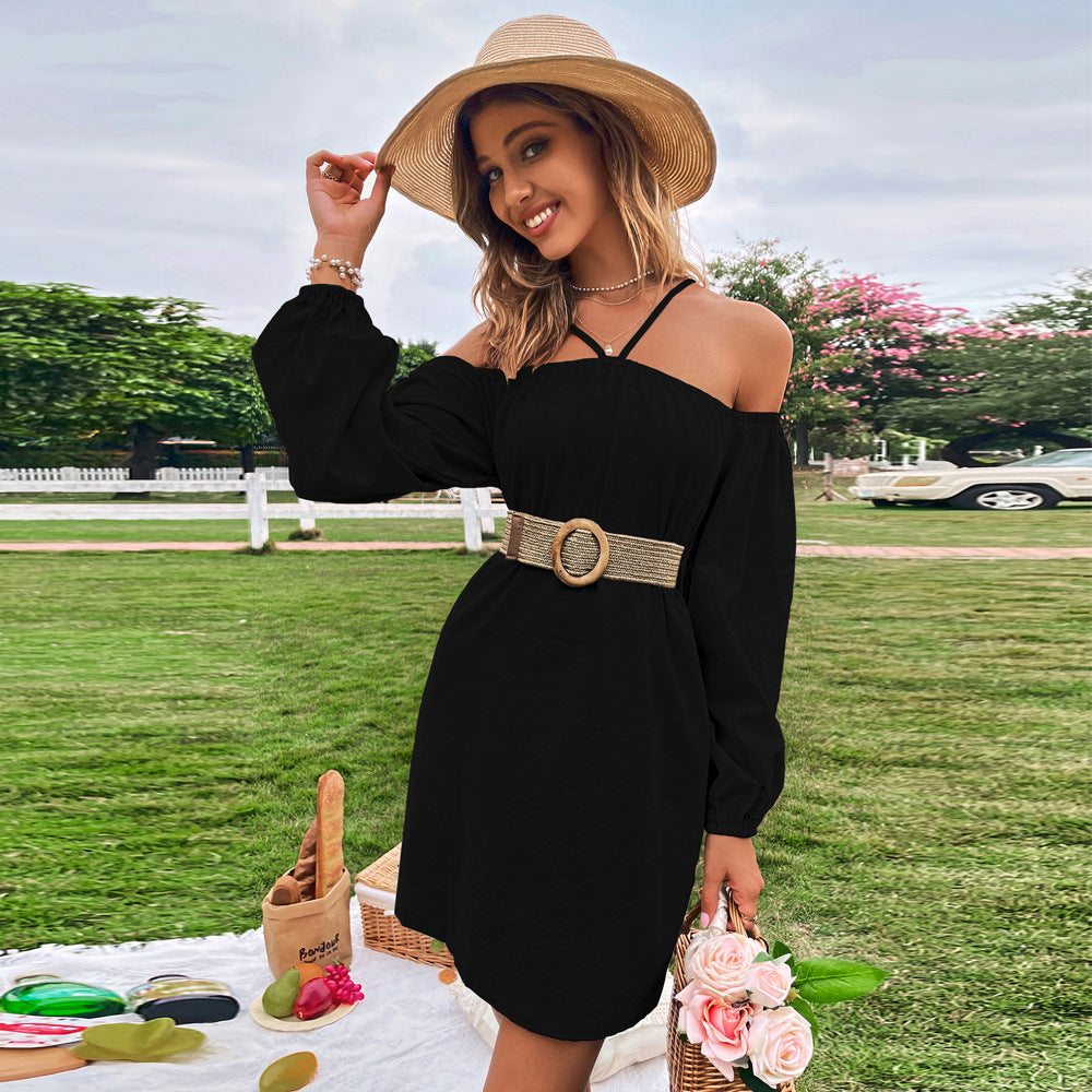 Black Cold Shoulder Bishop Sleeve Dress