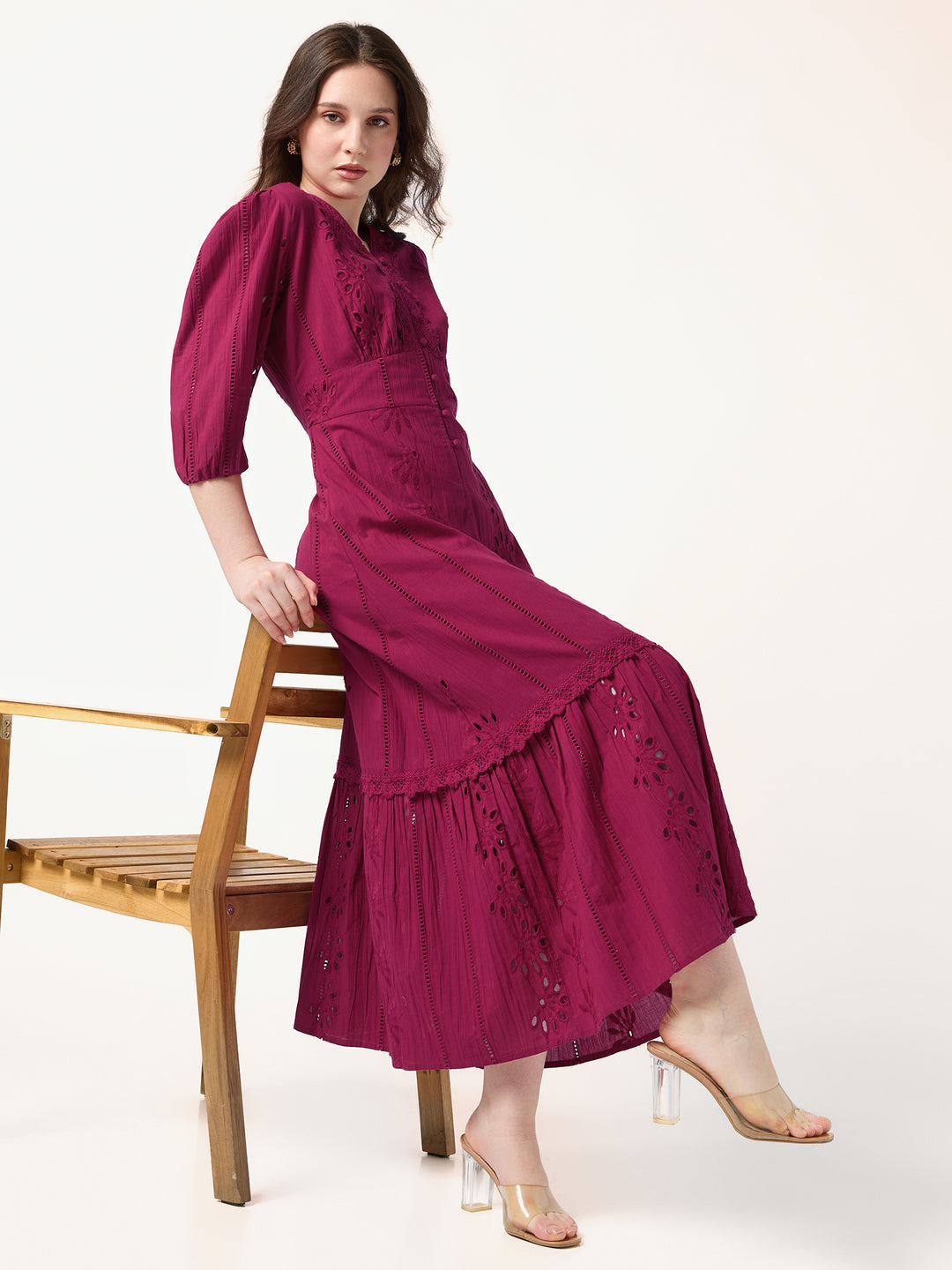 Fuchsia Pink V Neck Schiffli Dress