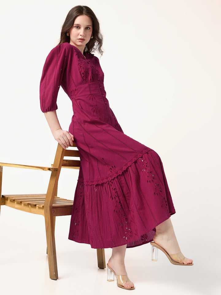 Fuchsia Pink V Neck Schiffli Dress