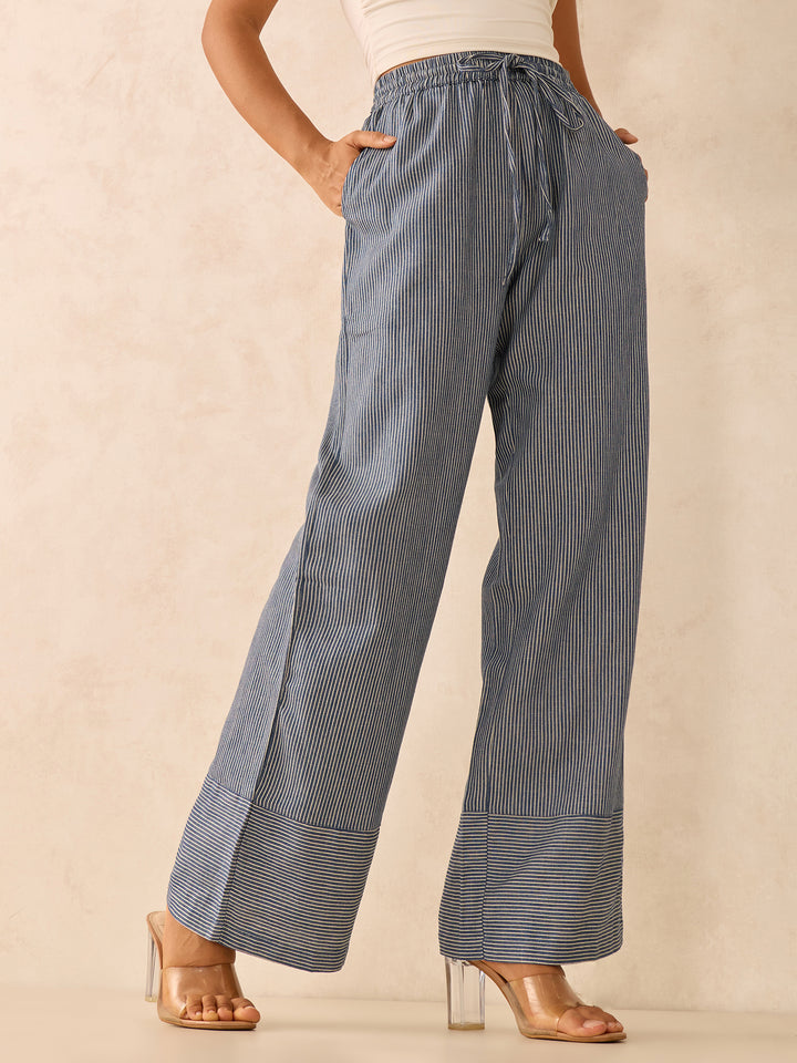 Blue Wide Leg Stripes Trousers