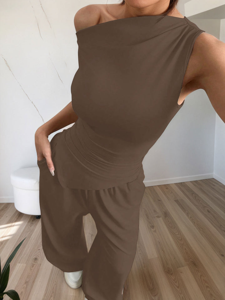 Brown One Shoulder Sleeve Asymmetrical Top And Pant Set