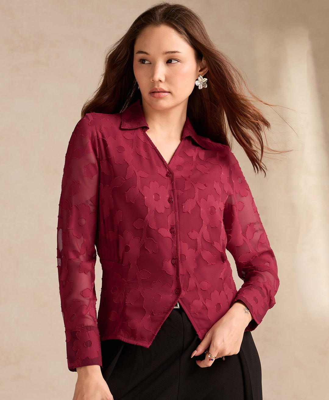 Red Regular Fit Long Sleeves Shirt In Jacquard Fabric