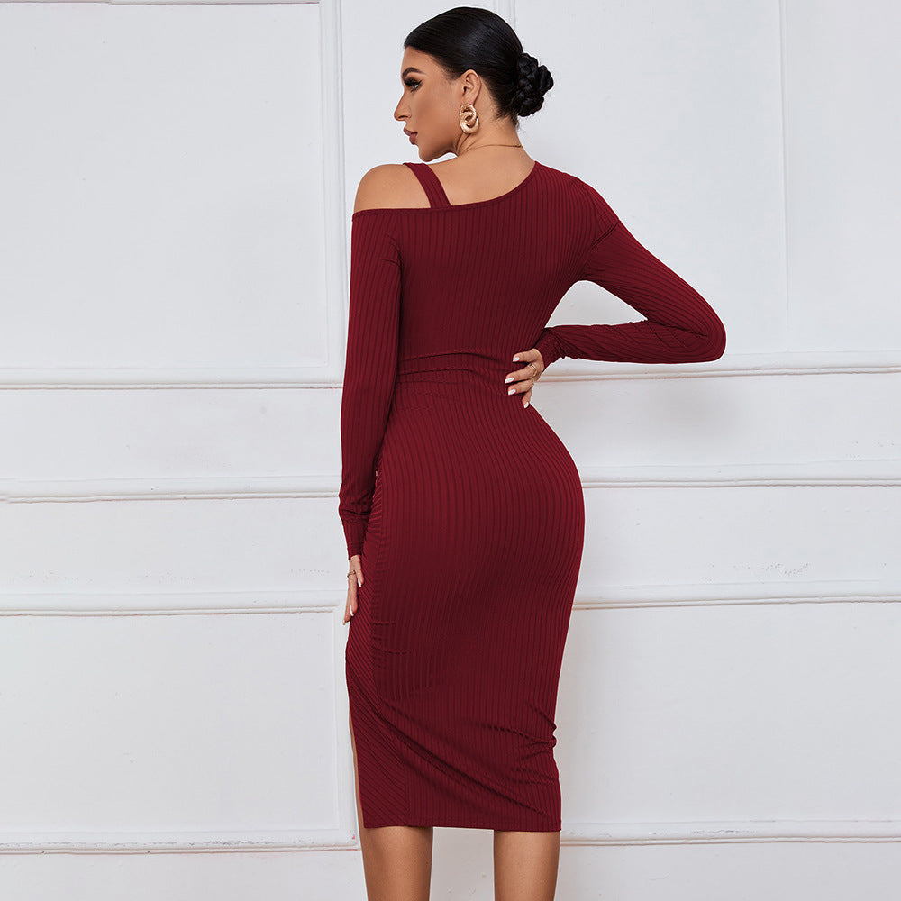Wine Full Sleeve Cold Shoulder Front Ruched Dress