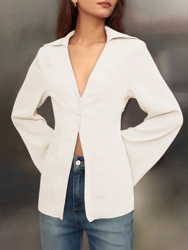 White V-Neck Long Sleeve Shirt