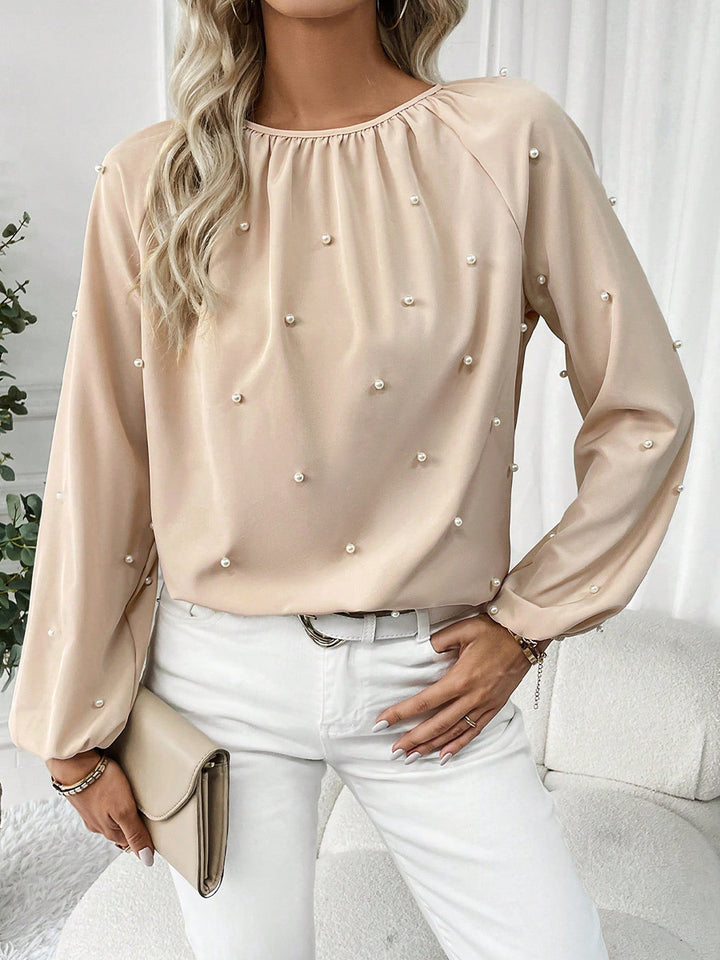 Cream Solid Blouse With Pearl Embellishments