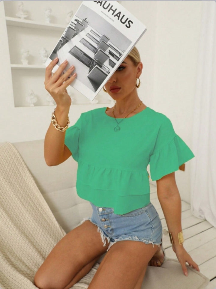 Green Ruffle Hem Peplum Top