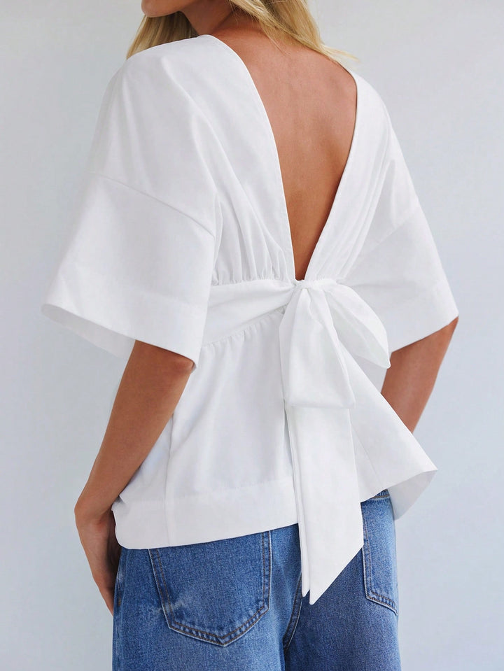 Beige Back Plunge Neck With Bow Detailing Top