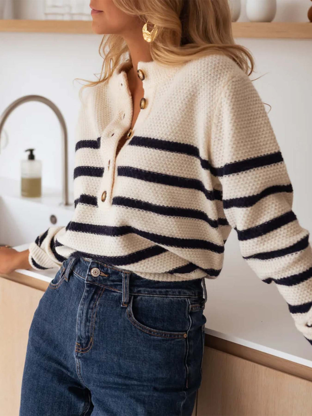 Cream Full Sleeves Striped Cardigan