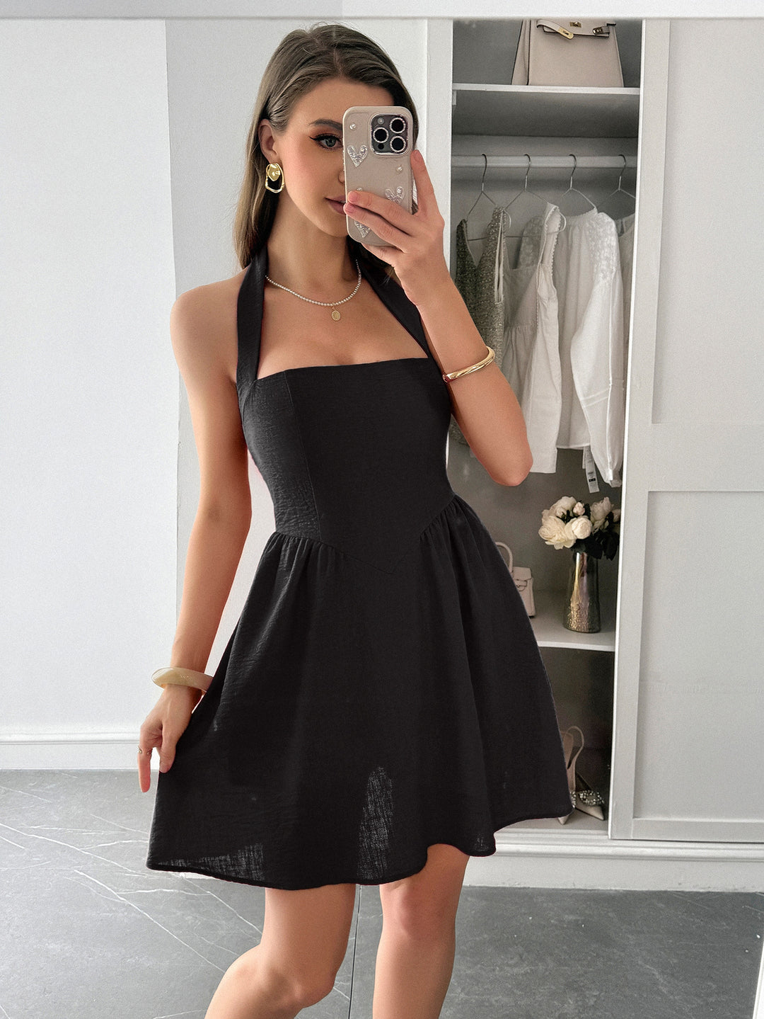 Black Halter Neck Skater Dress