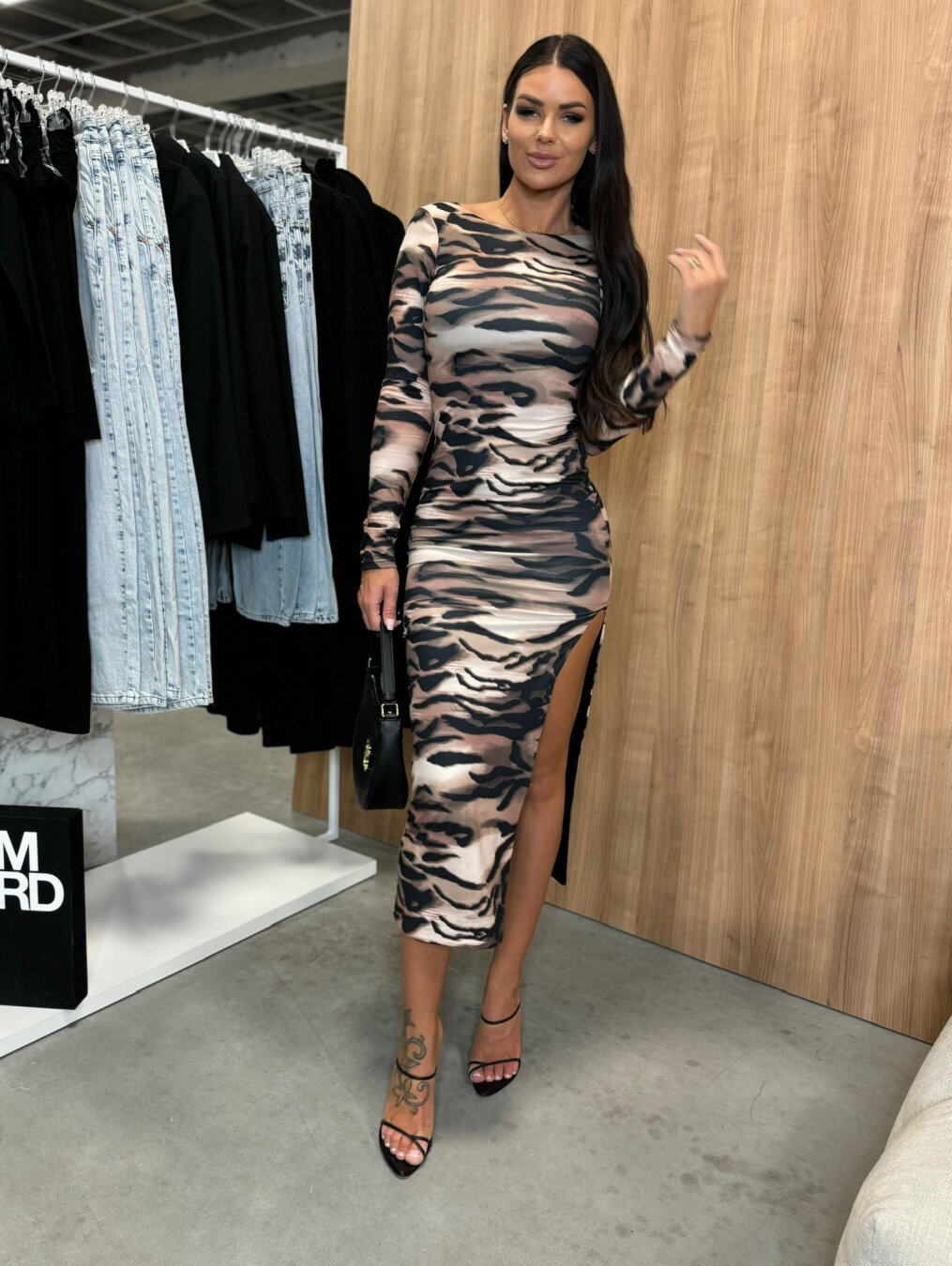 Beige Ruched Side Slit Dress
