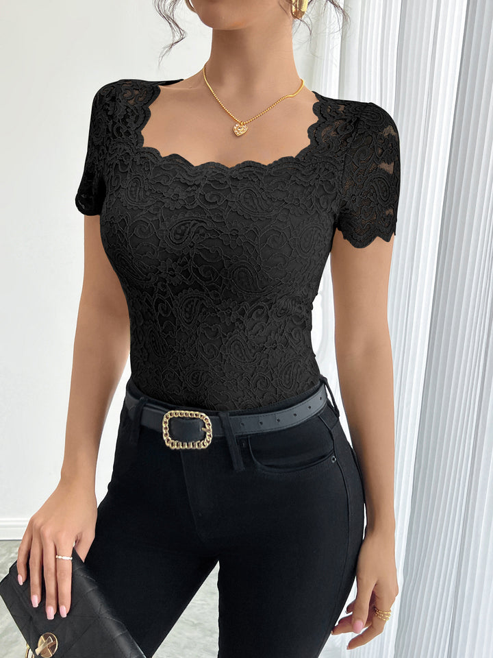 Black Short Sleeve Scallop Neck Top