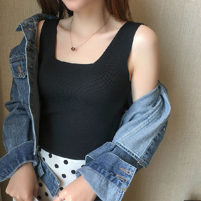 Black Shoulder Strap Basic Fitted  Top