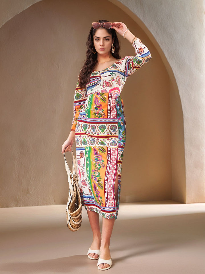 Multi Abstract Printed Sweetheart Neck Dress