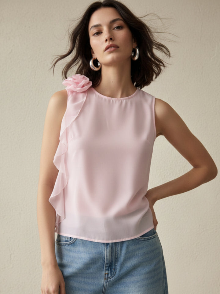 Pink Elegant Sleeveless Blouse With Ruffle And Corsage Detail