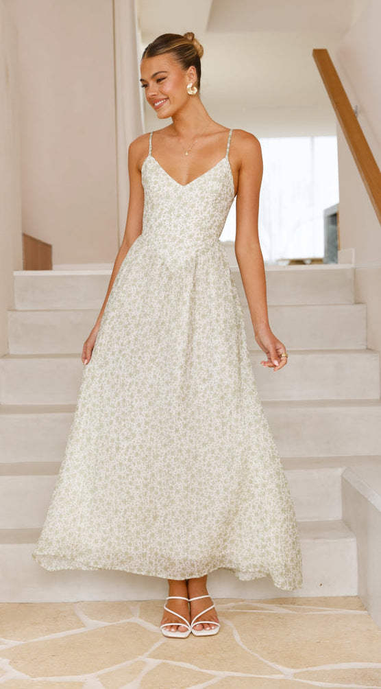 White Printed Pointed Waistline Dress