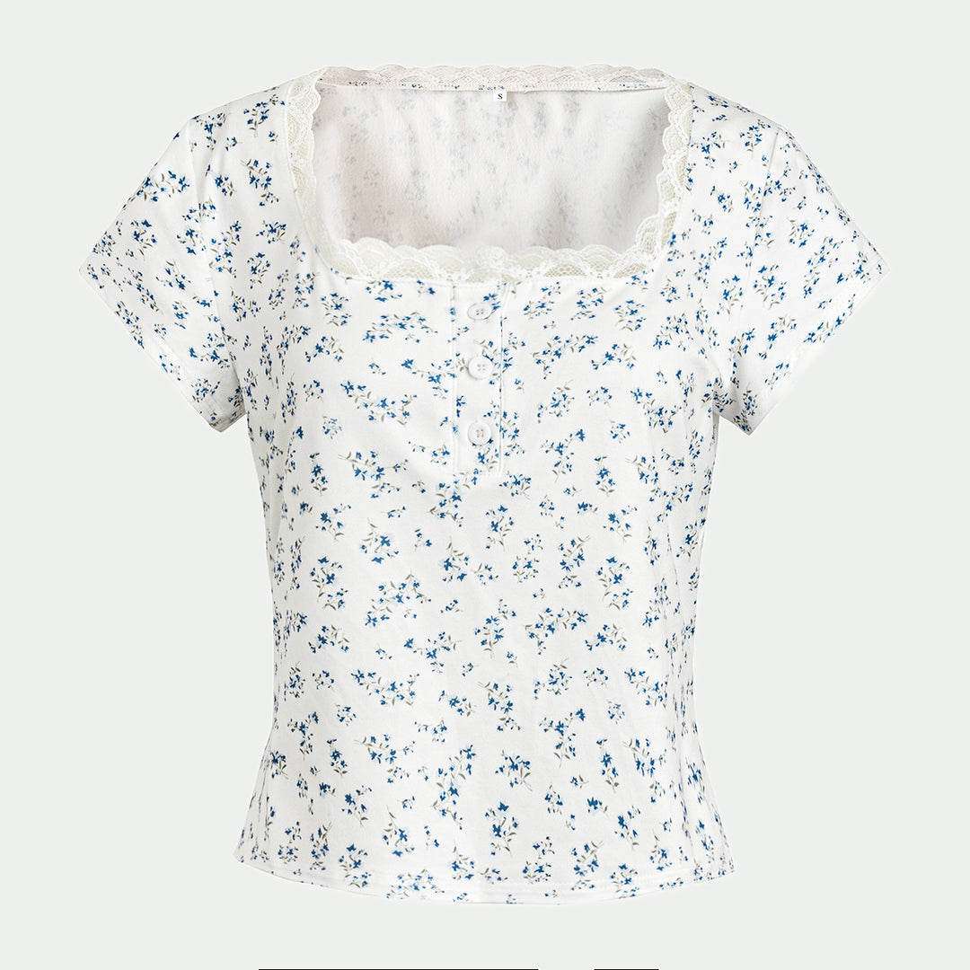 White Short Sleeve Lace Trim Floral Top