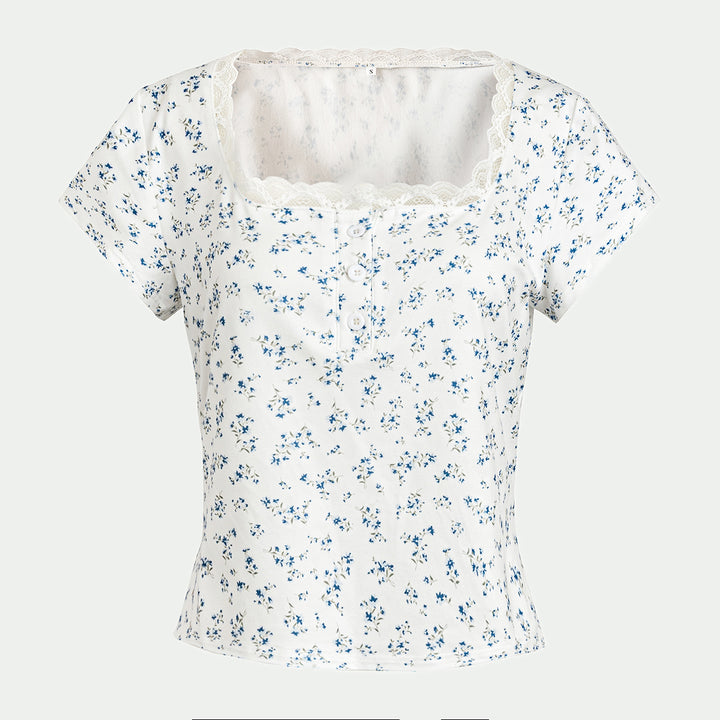 White Short Sleeve Lace Trim Floral Top