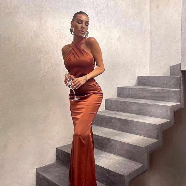 Orange Cross Halter Satin Dress