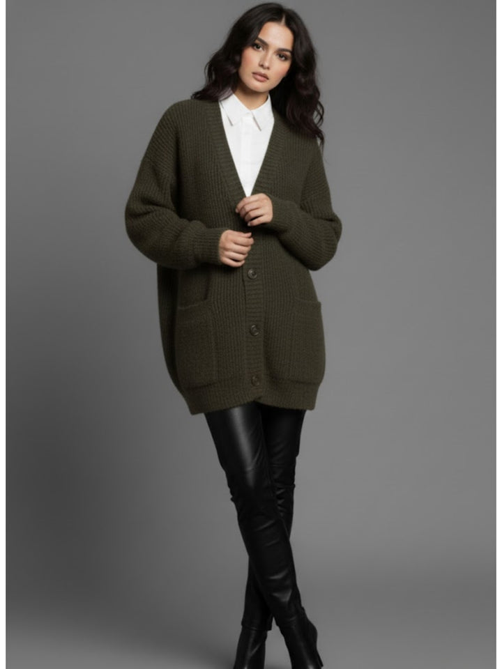 Olive Full Sleeve Double Pockets Slouchy Cardigans