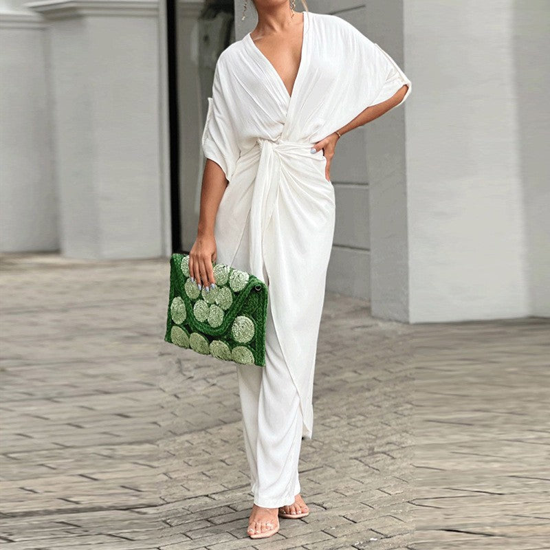 White V Neck Waist Tie Up Dress